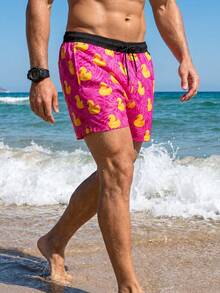 Manfinity Swimmode 男款卡通鴨子印花抽繩腰口袋沙灘短褲 - 玫紅色 - 查看 3
