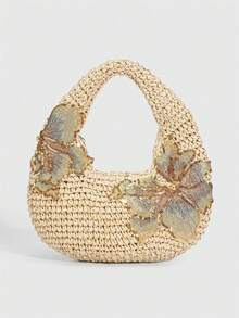 SHECARRY 1Pc Fashion Spring Summer Sequin Flower Vacation Style Crescent Bag, Straw Beach Bag, Casual Handbag, Tropical Flower Starfish Shell Decorated Handbag - Multicolor 1 - View 10