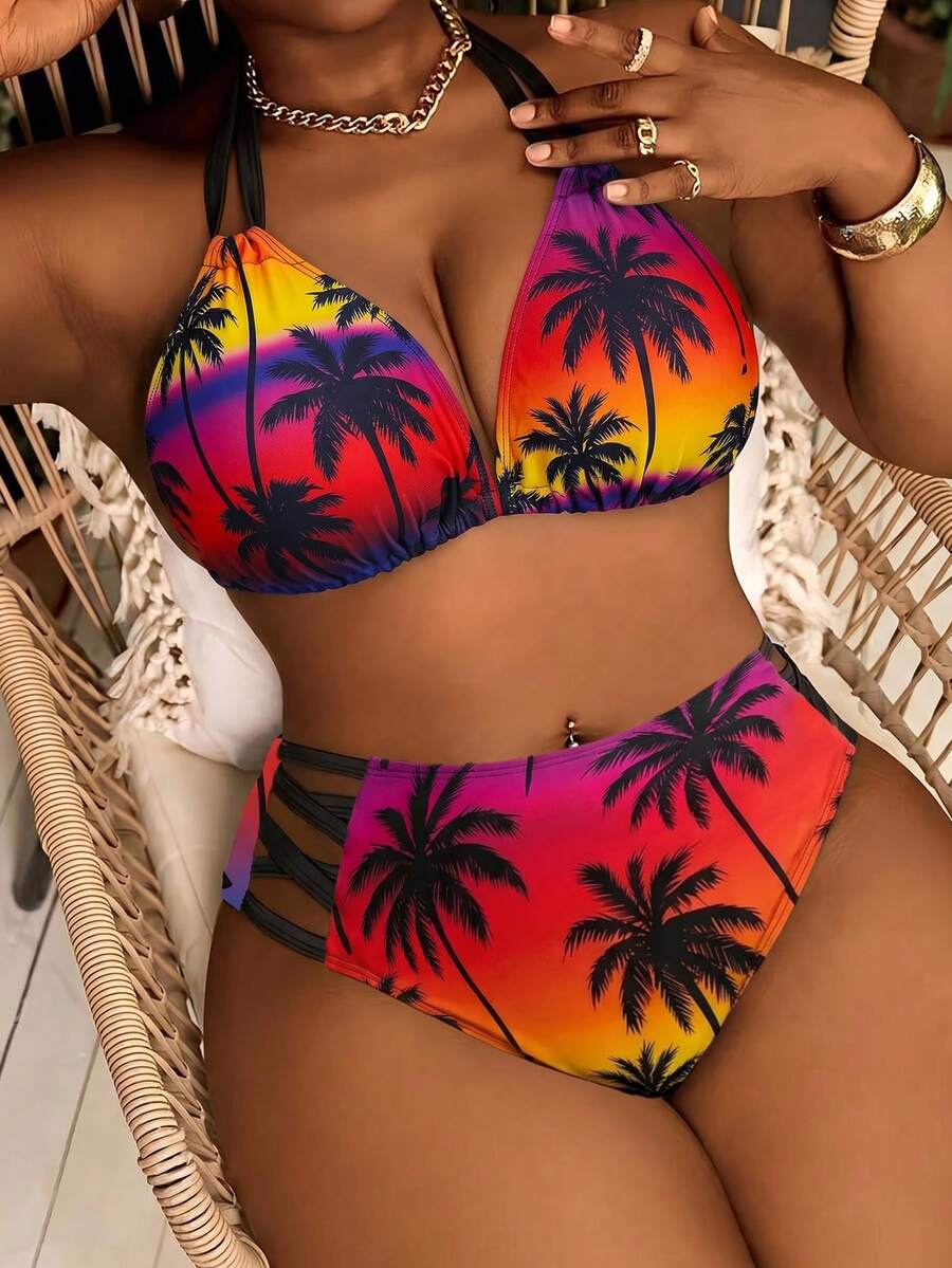 Slaydiva Plus Size Two-Tier Coconut Tree Print Tie-Front Sexy Summer Beach Bikini Set - Multicolor - View 1