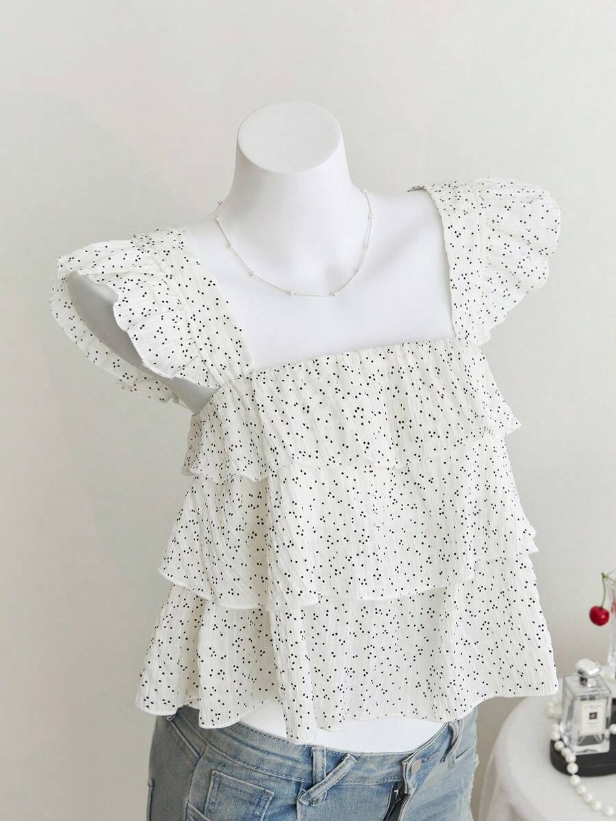 Elamini Women's Blouse With Crinkle Plaid Pattern, Black Polka Dots, Loose Fit Frill Sleeve Design - White - View 1