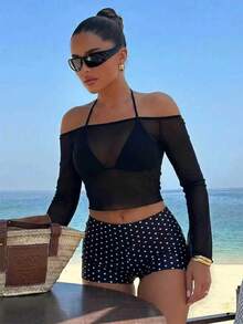 Swim Bonvoyette 夏季女款性感三件套，深V領、露背、露肩、細肩帶、掛脖設計，搭配三角褶皺上衣、比基尼以及貼身修身圓點印花短褲 - 黑色 - 查看 5