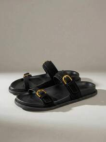 Solecia Sandale plate noi pentru femei, sandale slip-on, confortabile și casual - Negru - Vizualizare 2