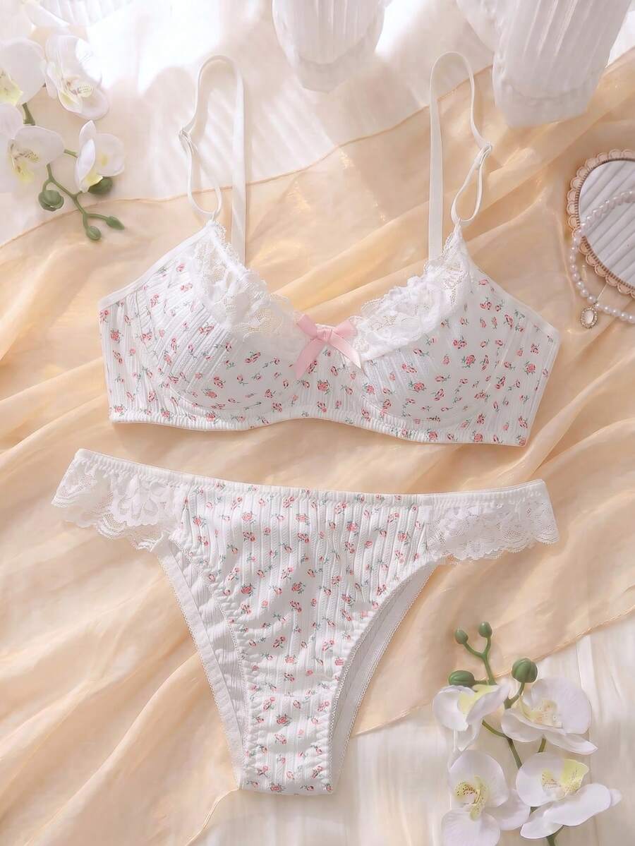 DelicateAllure 2pcs Set Wire-Supported 3/4 Cup Romantic Floral Lace Patchwork Bow Decor Women Lingerie Set - White - View 1