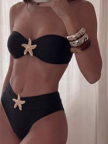 Costavie 2026 Spring/Summer Women's Black Bandeau Bikini Set With Gold 3D Starfish Decoration, Detachable Halter Strap, Elegant Two Pieces Swimsuit - Black - View 1