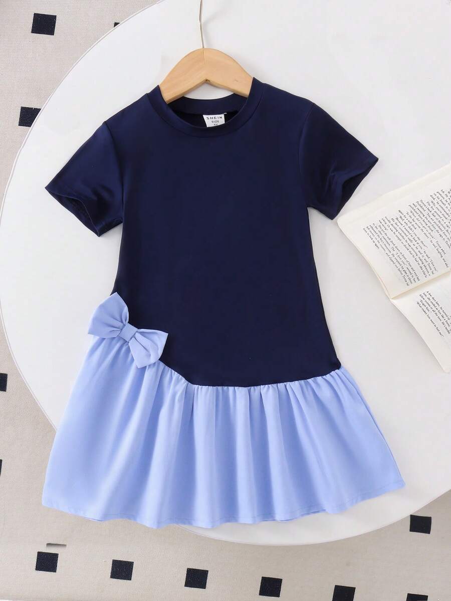 Elladie kids 少女藍色舒適圓領短袖拼接可愛休閒校園風蝴蝶結裝飾洋裝,適合通勤與戶外活動 - 藍色 - 查看 1