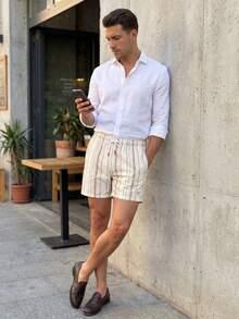 Manfinity Swimmode 男士條紋抽繩腰口袋沙灘短褲 - 米色 - 查看 6