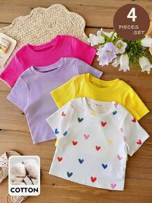 SHEIN 4pcs Young Girl Dopamine Colorful Pullover Set, Soft & Comfortable Ribbed Fabric, Cute Heart Print, Suitable For Spring & Summer - Multicolor - View 1