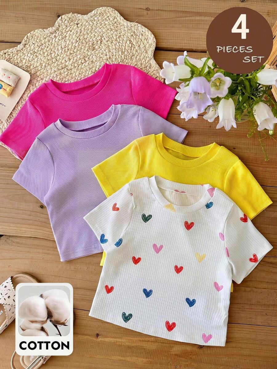 SHEIN 4pcs Young Girl Dopamine Colorful Pullover Set, Soft & Comfortable Ribbed Fabric, Cute Heart Print, Suitable For Spring & Summer - Multicolor - View 1