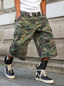 PAVTROS Manfinity Streetrush Men's Casual Cargo Pockets Camouflage Frayed Hem Loose Denim Shorts Jorts Going Out Hang Out Party Disco Street - Army Green - View 1