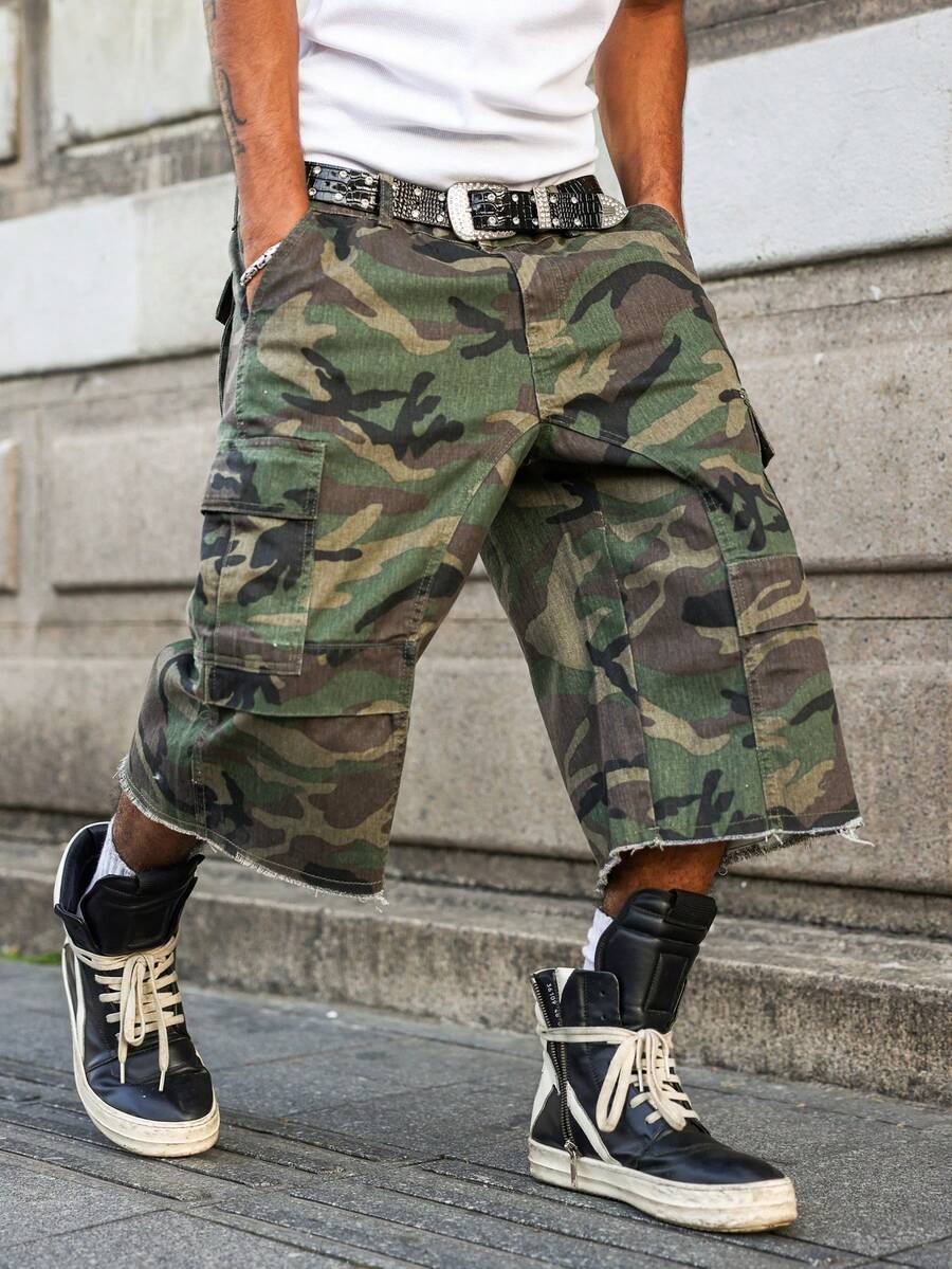 PAVTROS Manfinity Streetrush Men's Casual Cargo Pockets Camouflage Frayed Hem Loose Denim Shorts Jorts Going Out Hang Out Party Disco Street - Army Green - View 1