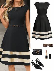 Gownix Striped Print Women's Elegant Solid Black Knit Waist-Cinched A-Line Short Sleeve Mini Dress,Round Neck,Versatile & Comfortable,Summer Office,Tea Party - Black and White - View 6