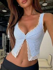 Aloruh 女款對比蕾絲條紋露背細肩帶背心 - 藍色 - 查看 1