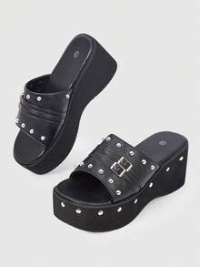 ROMWE Grunge Punk Sandalias de tacón para mujer 2026 nuevas, estilo dulce y fresco con uñas de sauce, suela gruesa, pantuflas tipo muffin, estilo punk de nicho de alta gama, drag - Negro - View 5