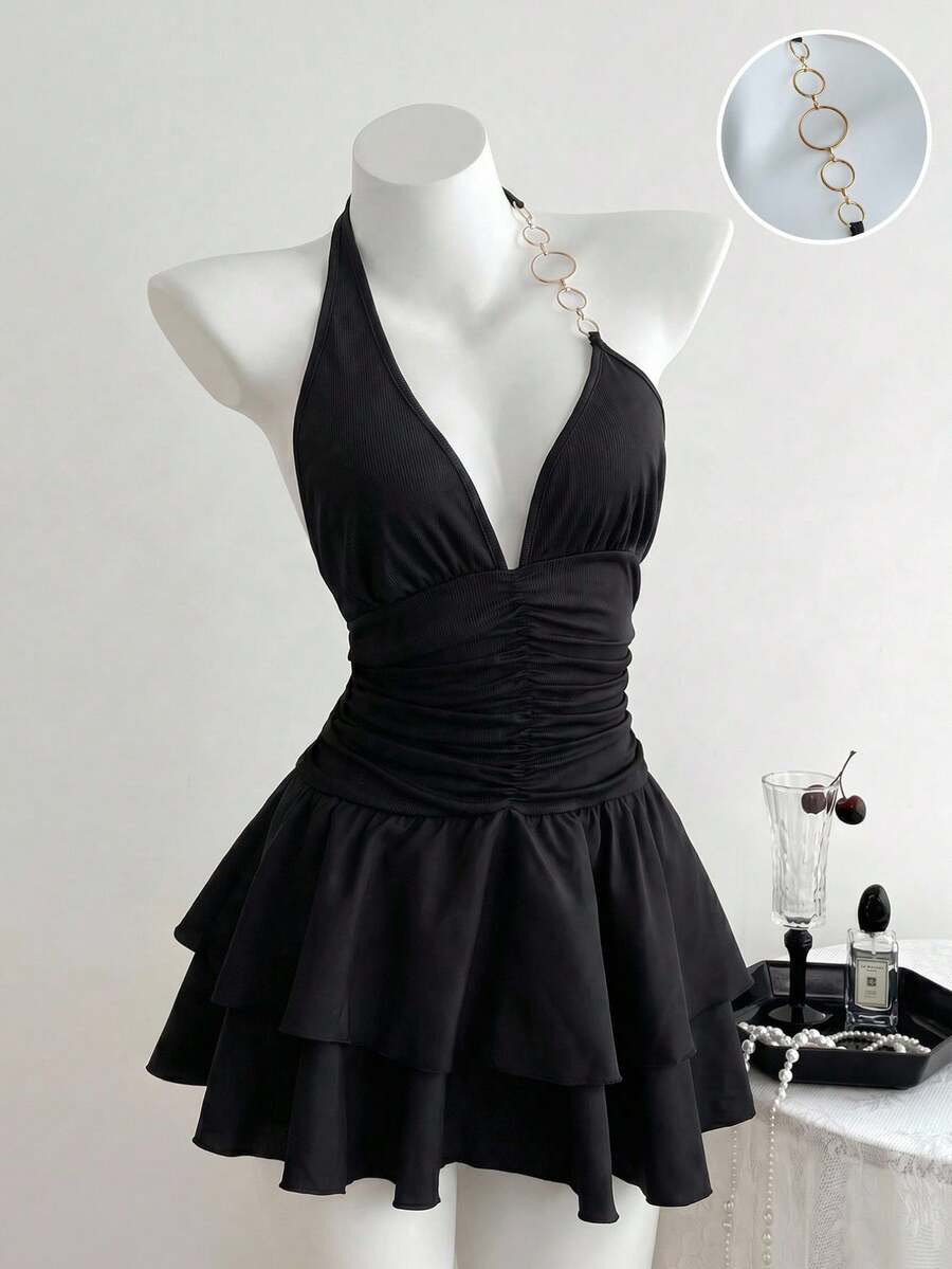 Elamini Black Summer 70s Club Party Women's Ribbed Knit Metal Chain Plunging Neck Open Back Bodycon Ruched Layered Ruffle Trim Mini Halter Dress, Outfit - Black - View 1