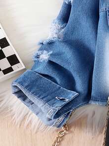 SHEIN Elladie kids 2件組少女休閒日常穿搭套裝，破洞設計鈕扣長袖上衣搭配簡約直筒長褲，秋季款 - 黑色 - 查看 5
