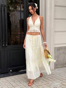 INAWLY Women's Vacation Contrast Lace Halter Top And Skirt Fashion Set Cream White Summer Tropical Elegant - Yellow - View 5