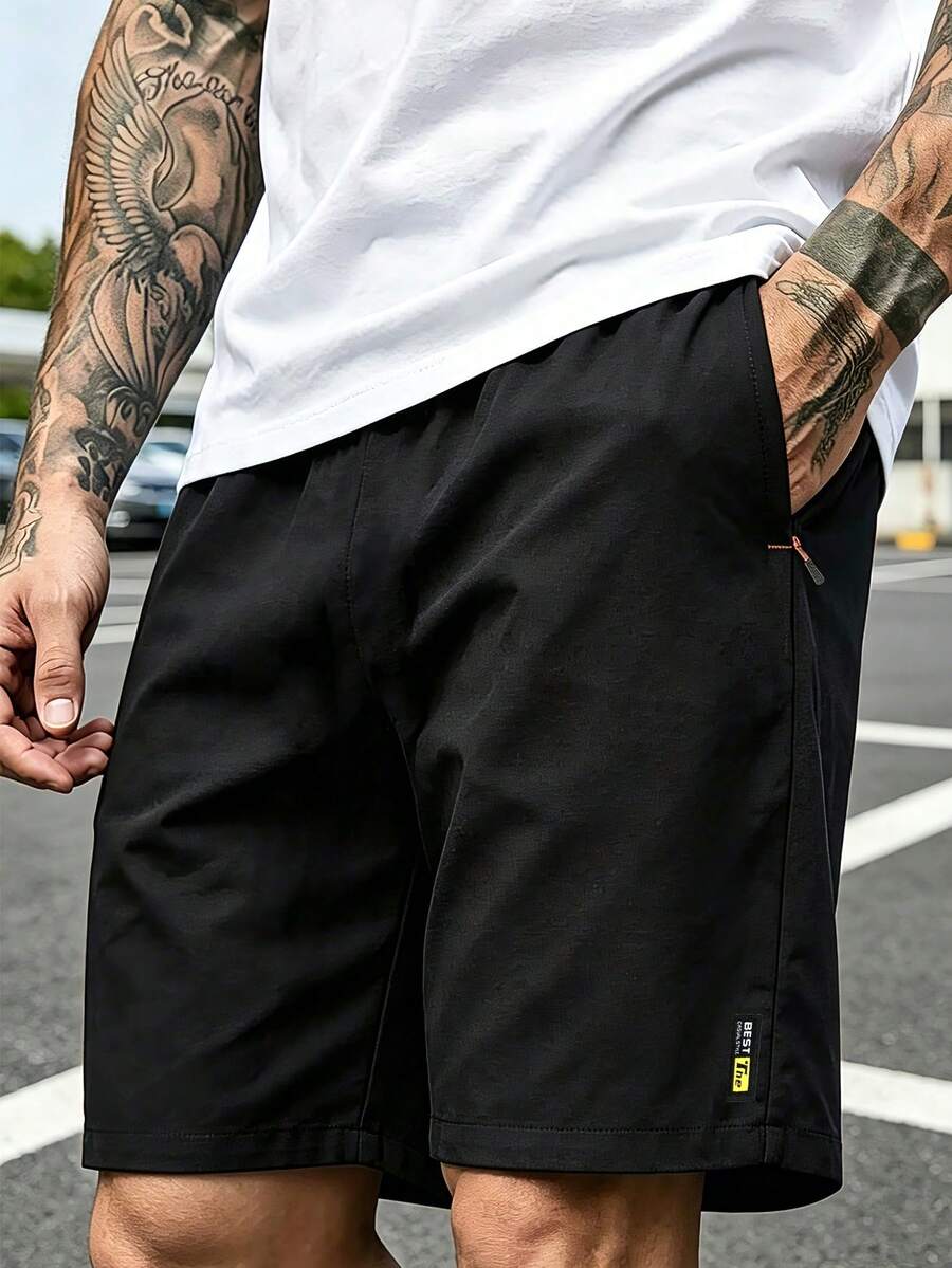 Manfinity Homme Pantalones cortos casuales y versátiles con cordón en la cintura para hombres - Negro - Ver 1