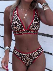 Bonvoyette Conjunto de bikini y tanga de triángulo de mujer con estampado de leopardo, de verano, con escote halter y lazos, traje de baño de dos piezas, conjunto de ropa de vacaciones para mujer - Multicolor - Ver 1