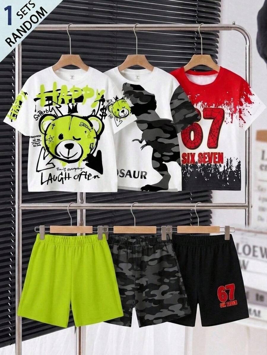 SHEIN 男童休闲简约T恤套装,经典酷炫蜘蛛网和涂鸦印花,适合春夏穿着 - 彩色 - 查看 1