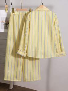 SHEIN 青少年女孩休閒度假通勤刺繡條紋印花落肩寬鬆長袖上衣與寬腿褲套裝，春秋款 - 黃色 - 查看 3