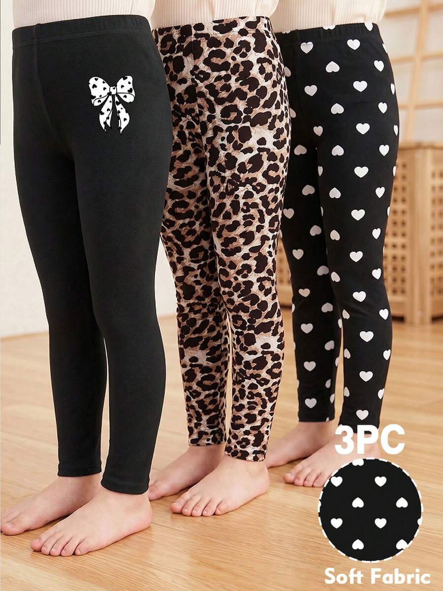 SHEIN 女童幼兒緊身褲3件組,四季新款愛心與豹紋印花組合針織高彈性簡約時尚舒適休閒緊身褲,貼身基礎防走光,適合居家與戶外穿著 - 彩色 - 查看 1