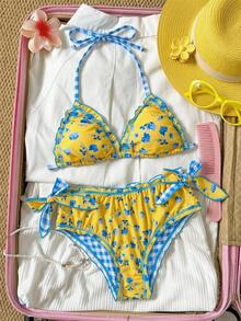 SHEIN Kids Tween Girls Beach Outfit Summer Outfits Vacation Outfits Flower Yellow Vintage Colorful Plaid Floral Printed Ruffle Tie Front Decor Beach Bikini Set For Summer - Yellow - View 1