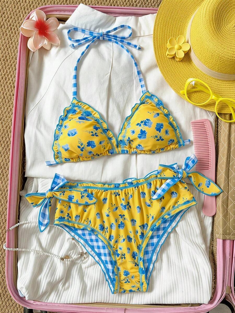 SHEIN Kids Tween Girls Beach Outfit Summer Outfits Vacation Outfits Flower Yellow Vintage Colorful Plaid Floral Printed Ruffle Tie Front Decor Beach Bikini Set For Summer - Yellow - View 1