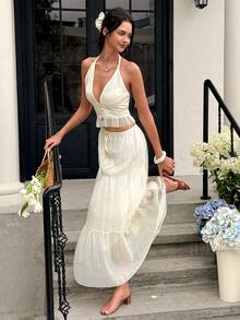 INAWLY Women's Vacation Contrast Lace Halter Top And Skirt Fashion Set Cream White Summer Tropical Elegant - Yellow - View 6