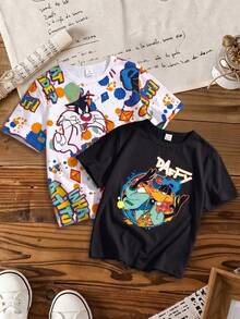 LOONEY TUNES X SHEIN GraphicGems Tween Boy Cool Splatter Cartoon Pattern Print Summer Crew Neck Short Sleeve T-Shirt 2pcs/Pack - Multicolor - View 6