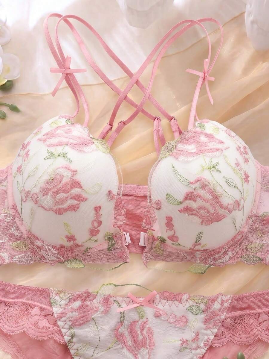 DelicateAllure 2pcs Front Closure Lift & Enhance Underwire Padded Bra With Criss-Cross Back And Floral Embroidered Comfy Balconette Lingerie Set - Pink - View 1