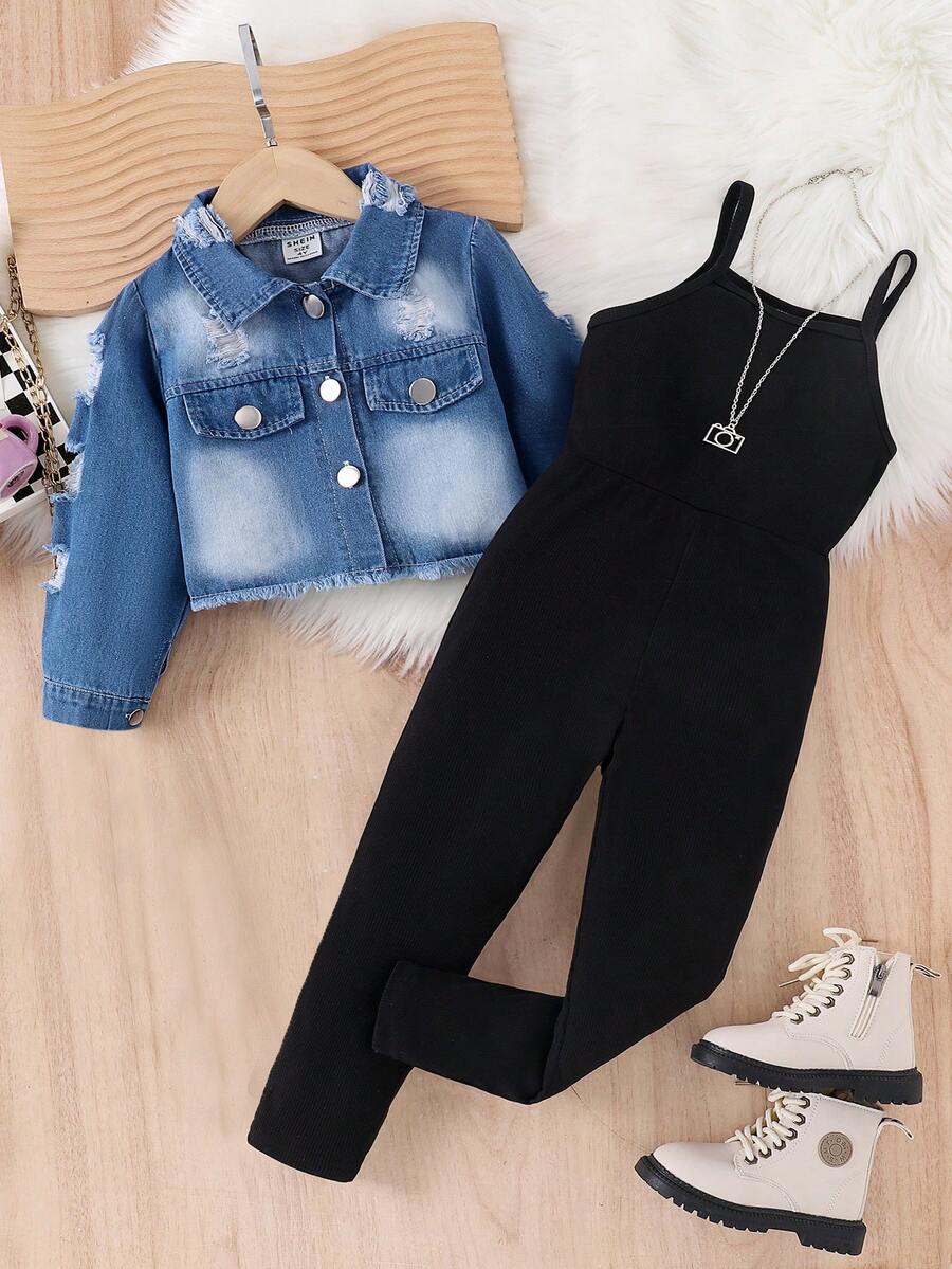 SHEIN Elladie kids 2件組少女休閒日常穿搭套裝,破洞設計鈕扣長袖上衣搭配簡約直筒長褲,秋季款 - 黑色 - 查看 1