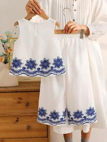 Souflis Souflis 少女夏季黑白簡約優雅風直條紋花卉刺繡無袖上衣與寬腿褲套裝，適合日常出遊、休閒旅遊、校園穿搭、派對活動及拍照穿搭 - 藍色 - 查看 2