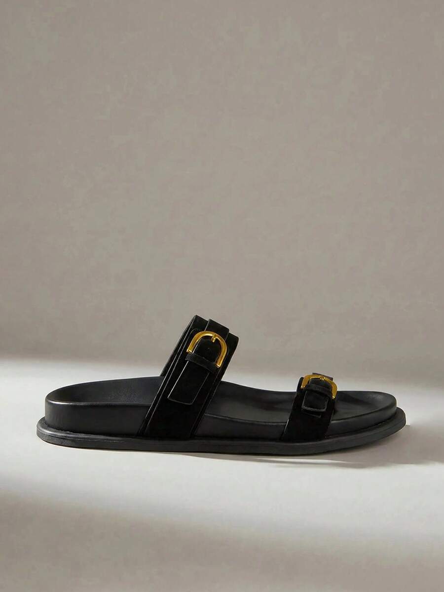 Solecia Sandale plate noi pentru femei, sandale slip-on, confortabile și casual - Negru - Vizualizare 1