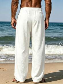 VIVINTIMO Men's Solid Color Drawstring Waist Pocket Straight Leg Casual Pants, Holiday - White - View 2