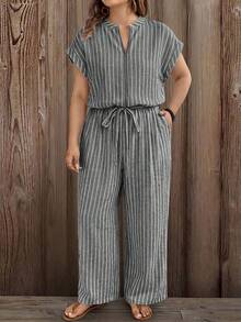 EMERY ROSE Large-Sized Woven Striped Vacation Casual Women's Jumpsuit - Light Grey - View 6