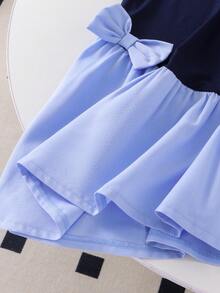 Elladie kids 少女藍色舒適圓領短袖拼接可愛休閒校園風蝴蝶結裝飾洋裝，適合通勤與戶外活動 - 藍色 - 查看 5
