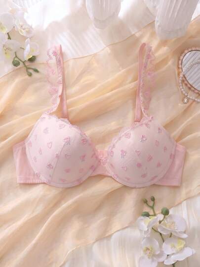 DelicateAllure Pink Underwire Padded 3/4 Cup Bra With Embroidery Decoration, Lift And Gather, Cute And Elegant Ladies Lingerie, Kawaii