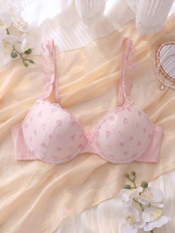 DelicateAllure Pink Underwire Padded 3/4 Cup Bra With Embroidery Decoration, Lift And Gather, Cute And Elegant Ladies Lingerie, Kawaii