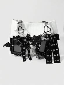 ROMWE Goth 1個Y2k甜酷辣妹重工業個性暗黑風哥德黑白織帶金屬氣孔波點手工蝴蝶結白色仿珍珠布料星星印花立體填充星銀色十字架PVC惡魔蝙蝠翅膀蓬鬆雲朵翅膀鏤空蕾絲網格百褶蕾絲黑色壓克力卡套校園卡ID卡套星卡套工業卡套DIY愛心鑰匙圈包包吊飾，適合上班族、學生、派對情侶、姐妹、女友、女孩 - 黑白色-17 - 查看 2