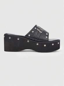 ROMWE Grunge Punk Sandalias de tacón para mujer 2026 nuevas, estilo dulce y fresco con uñas de sauce, suela gruesa, pantuflas tipo muffin, estilo punk de nicho de alta gama, drag - Negro - View 2
