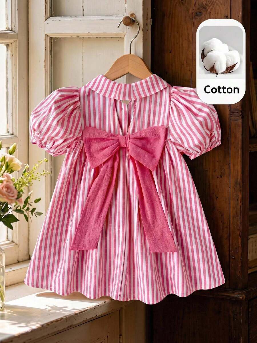 SHEIN LMoss Kids 女嬰編織條紋泡泡袖休閒領口襯衫洋裝 - 粉色 - 查看 1