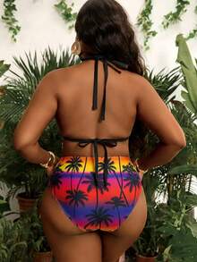 Slaydiva Plus Size Two-Tier Coconut Tree Print Tie-Front Sexy Summer Beach Bikini Set - Multicolor - View 2