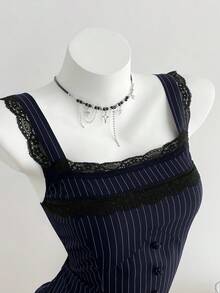 Elamini 女款通勤、返校、日常穿著黑色條紋蕾絲飾邊迷你洋裝 - 藏蓝色 - 查看 3