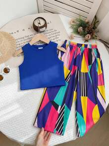 SHEIN 2pcs Baby Girl Knitted Solid Color Round Neck Casual Vest And Woven Geometric Pattern Casual Pants Set - Blue - View 7