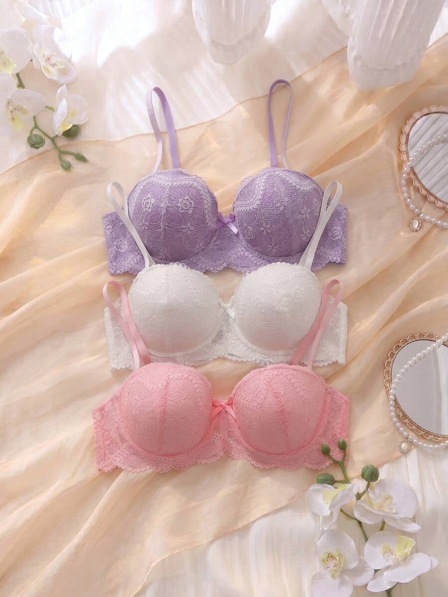 DelicateAllure Bra Renda Push Up Elegan Fantasi untuk Wanita, Kain Rajut Bergelombang Warna-warni, Gaya Mikro Crop. - MultiWarna - View 1