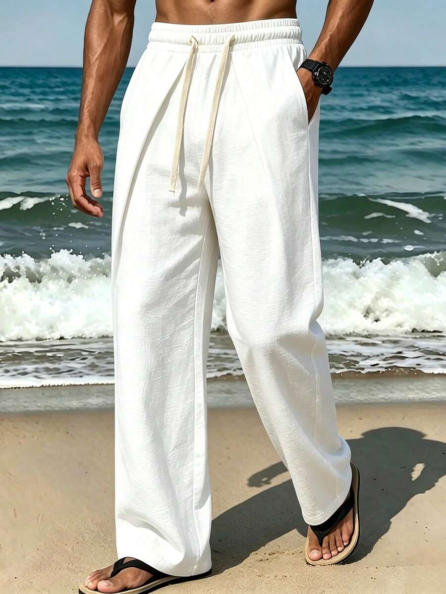 VIVINTIMO Men's Solid Color Drawstring Waist Pocket Straight Leg Casual Pants, Holiday - White - View 1
