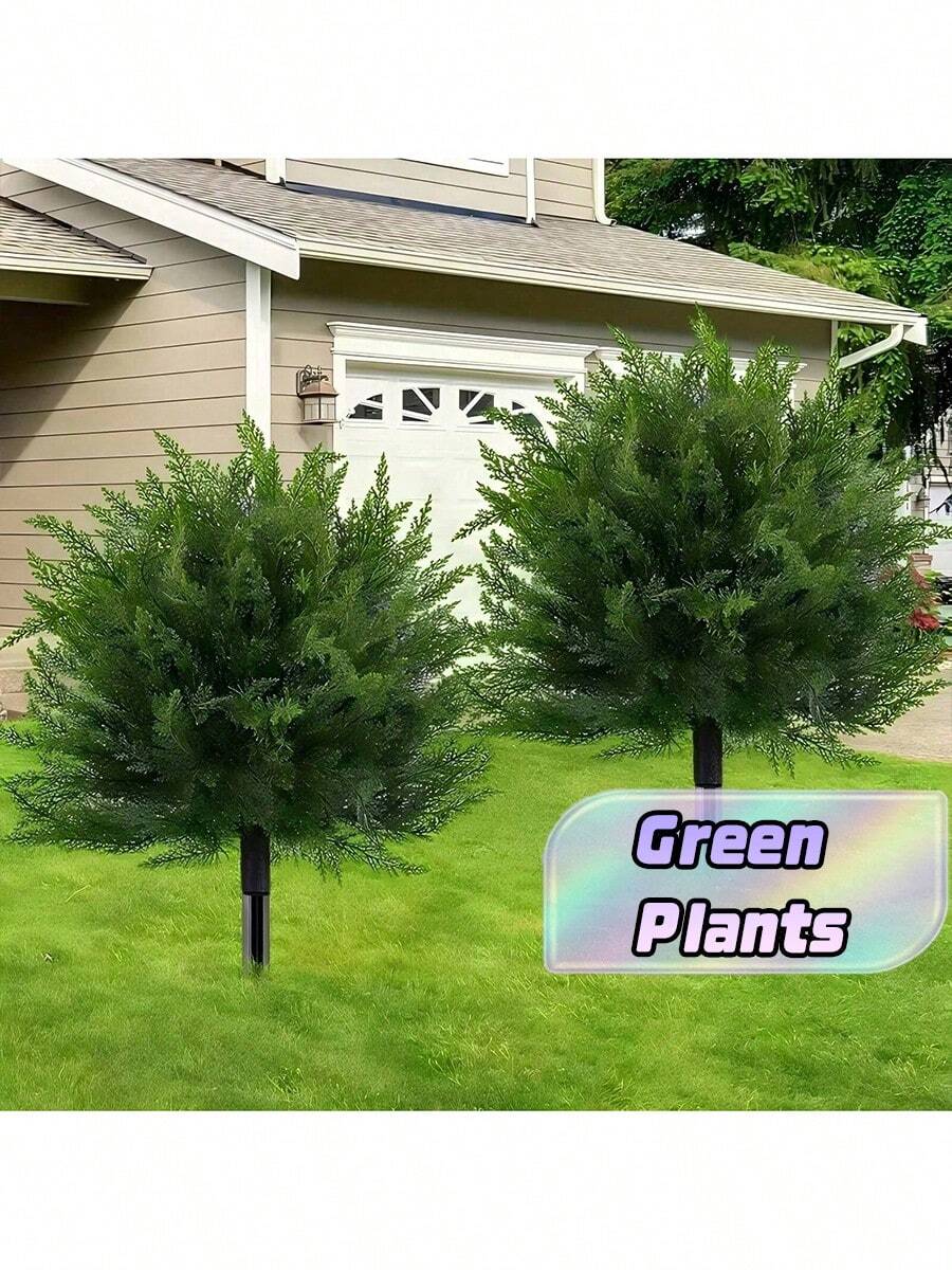 Artificial Cedar Shrub With Stakes, UV Resistant Evergreen Fake Plant In Cement Planter, Durable Potted Artificial Cedar Tree For Indoor Outdoor Front Porch, Garden & Backyard Decor - Multicolor - View 1