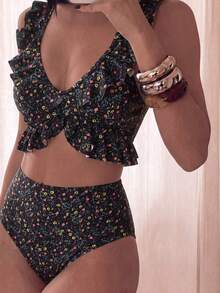 Swim Basics Summer Beach Vacation Allover Print Ditsy Print Ruffle Trim Spaghetti Strap Bikini Set - Multicolor - View 1