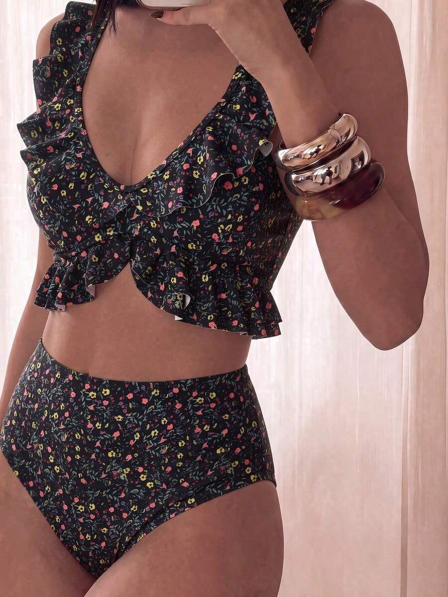 Swim Basics Summer Beach Vacation Allover Print Ditsy Print Ruffle Trim Spaghetti Strap Bikini Set - Multicolor - View 1