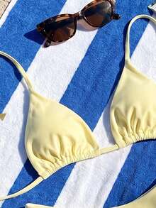 Bonvoyette 2er/Set Damen Strandoutfit, modisches süßes sexy Urlaubs-Seaside-Schwimmbad-Party-Badeanzug in Unifarbe mit Dreieck-Halter-Bikini-Top und Unterteil, rückenfrei mit Bindeband - Hellgelb - Übersicht 5